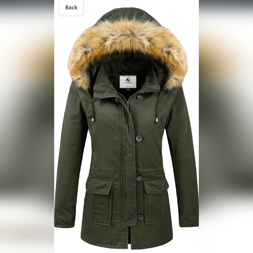 UOIUXC. Olive Green Parka with Faux Fur Trim